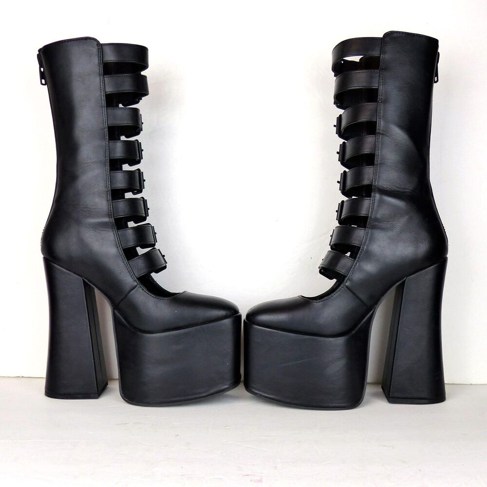 Widow Strappy Buckle Boots 6M Black Vegan Leather Gone Haywire Platform Gothic - Picture 11 of 16